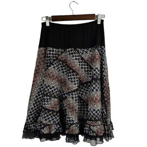 Bali Brown Black White Textured Midi Skirt with Bottom Frill Sz M